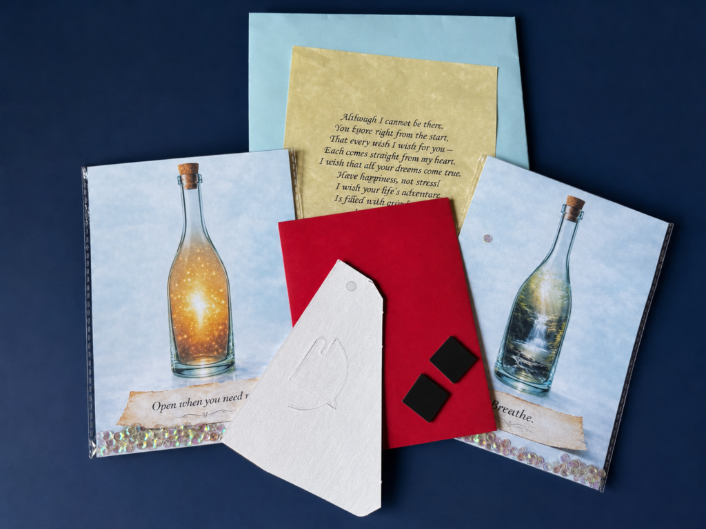 Message in a Bottle keepsake set with bottle-scene cards, personalized message, red envelope, stand and magnets